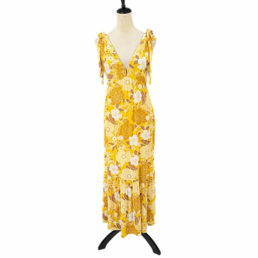 Abercrombie & Fitch Bright Yellow Crepe Tie Shoulder V-neck Flowing Maxi Dress